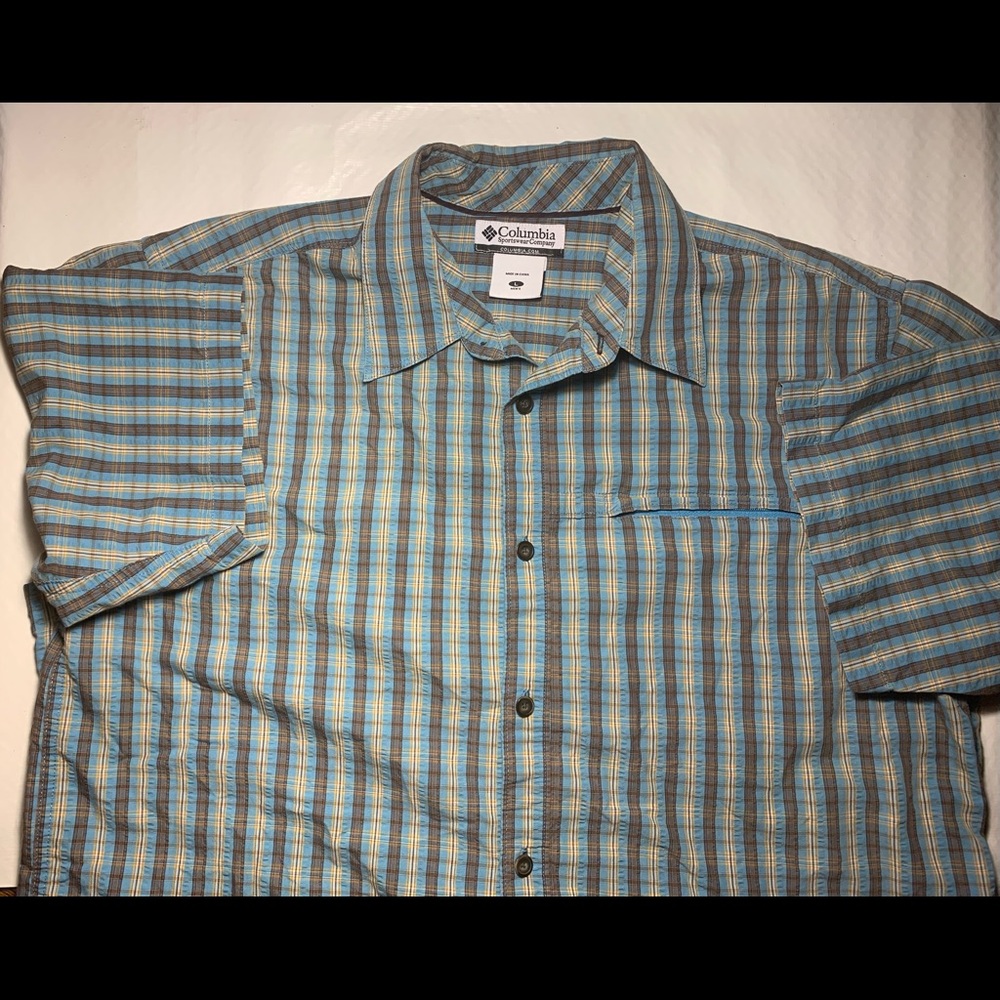 Columbia Large Shirt Short Sleeve Button Down Zip Chest Pocket Plaid Blue Brown.